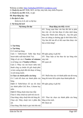 Website cá nhân: http://lenhuthao26922013.wordpress.com/
1. Chuẩn bị của GV: SGK, SGV, tài liệu, máy tính, máy chiếu Projecter
2. Chuẩn bị của HS: SGK, vở ghi
III. Hoạt động dạy - học
1. Ổn định tổ chức
Kiểm tra sĩ số, nội vụ lớp học
2. Nội dung bài mới
Nội dung cần đạt

Hoạt động của thầy và trò
GV: Trong soạn thảo văn bản đôi khi ta phải
làm việc với văn bản được tổ chức dưới dạng
bảng như: Danh sách, thống kê... hay đơn giản
hơn cái chúng ta thường gặp là thời khóa biểu.
Vậy làm thế nào để có thể soạn thảo được văn
bản có kiểu bảng?

1. Tạo bảng
a. Tạo bảng
Có 2 cách tạo bảng:
Cách 1: TableInsert Table hộp thoại HS nghe giảng và ghi bài
Insert table xuất hiện (hình 71a).
GV: Thực hiện cả hai thao tác tạo bảng trên
Nhập số cột vào ô Number of columns máy tính
và số hàng vào ô Number of Rows
HS: quan sát
Cách 2: Nháy vào nút Insert table trên
thanh công cụ chuẩn rồi giữ chuột phải
và kéo xuống dưới đến khi được số hàng
và cột mong muốn.
GV: Muốn thao tác với thành phần nào đó trong
b. Chọn các thành phần của bảng
Có 2 cách để chọn các thành phần của bảng thì trước hết ta phải chọn thành phần đó
bảng.
Cách 1: TableSelect rồi sau đó chọn HS nghe giảng và ghi bài
các thành phần Cell, Row, Column hay
table
Cách 2: Dùng chuột chọn trực tiếp:
Chọn ô: nháy chuột tại cạnh trái của nó.
Chọn hàng: nháy chuột bên trái hàng đó. GV: Thao tác chọn các thành phần của bảng
Chọn cột: Nháy chuột trái ở phần đầu bằng cả hai cách.
cột.
HS: Quan sát
Chọn bảng: Đặt chuột ở góc trên bên trái

Giáo án Tin 10

Page 107

 