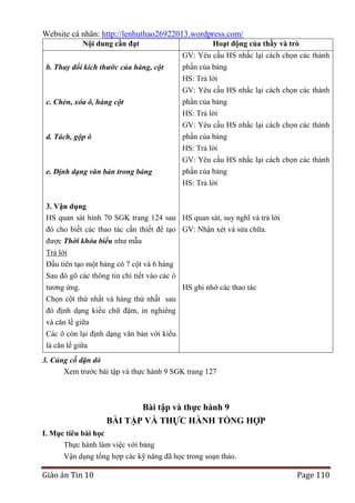 Website cá nhân: http://lenhuthao26922013.wordpress.com/
Nội dung cần đạt
b. Thay đổi kích thước của hàng, cột

Hoạt động của thầy và trò
GV: Yêu cầu HS nhắc lại cách chọn các thành
phần của bảng
HS: Trả lời

c. Chèn, xóa ô, hàng cột

GV: Yêu cầu HS nhắc lại cách chọn các thành
phần của bảng

d. Tách, gộp ô

HS: Trả lời
GV: Yêu cầu HS nhắc lại cách chọn các thành
phần của bảng
HS: Trả lời
GV: Yêu cầu HS nhắc lại cách chọn các thành

e. Định dạng văn bản trong bảng

phần của bảng
HS: Trả lời

3. Vận dụng
HS quan sát hình 70 SGK trang 124 sau HS quan sát, suy nghĩ và trả lời
đó cho biết các thao tác cần thiết để tạo GV: Nhận xét và sửa chữa.
được Thời khóa biểu như mẫu
Trả lời
Đầu tiên tạo một bảng có 7 cột và 6 hàng
Sau đó gõ các thông tin chi tiết vào các ô
tương ứng.
HS ghi nhớ các thao tác
Chọn cột thứ nhất và hàng thứ nhất sau
đó định dạng kiểu chữ đậm, in nghiêng
và căn lề giữa
Các ô còn lại định dạng văn bản với kiểu
là căn lề giữa
3. Củng cố dặn dò
Xem trước bài tập và thực hành 9 SGK trang 127

Bài tập và thực hành 9
BÀI TẬP VÀ THỰC HÀNH TỔNG HỢP
I. Mục tiêu bài học
Thực hành làm việc với bảng
Vận dụng tổng hợp các kỹ năng đã học trong soạn thảo.

Giáo án Tin 10

Page 110

 