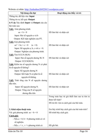 Website cá nhân: http://lenhuthao26922013.wordpress.com/
Nội dung cần đạt

Hoạt động của thầy và trò

Thông tin, dữ liệu vào: Input
Thông tin ra, kết quả: Output
b.Ví dụ Xác định Input và Output của các
bài toán sau:
Vd1: Giải phương trình:
ax + b = 0

HS làm bài và nhận xét

Input: Hai số nguyên a và b
Output: Kết luận nghiệm của PT.
Vd2: Giải phương trình
ax2 + bx + c = 0
(a 0)
Input: Số nguyên a, b, c với a

HS làm bài và nhận xét
0.

Output: Nghiệm của phương trình.
Vd3: Tìm UCLN (M,N)
Input: Hai số nguyên dương M, N

HS làm bài và nhận xét

Output: UCLN(M,N).
Vd4: Kiểm tra số nguyên dương N có phải
là số nguyên tố không?
Input: Số nguyên dương N
Output: Kết luận N có phải là số
HS làm bài và nhận xét
nguyên tố không.
Vd5: Tính tổng của N số nguyên dương
đầu tiên.
Input: Số nguyên dương N.
HS làm bài và nhận xét
Output: Tổng của N số nguyên
dương đầu tiên
Trong toán học từ giả thiết làm sao ta tìm ra
được kết luận?
HS trả lời: tìm ra cách giải của bài toán.
2. Khái niệm thuật toán
Vd: giải phương trình ax + b = 0

Em hãy trình bày cách giải của bài toán trên?
HS trình bày cách giải.

Cách giải:
- Nếu a = 0, b = 0 phương trình có vô
số nghiệm.
- Nếu

a

0

Giáo án Tin 10

,

b

0 phương

trình có

HS ghi bài.

Page 16

 