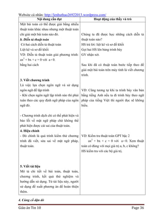 Website cá nhân: http://lenhuthao26922013.wordpress.com/
Nội dung cần đạt

Hoạt động của thầy và trò

Một bài toán có thể được giải bằng nhiều
thuật toán khác nhau nhưng một thuật toán
chỉ giải một bài toán nào đó.
Chúng ta đã được học những cách diễn tả
b. Diễn tả thuật toán
Có hai cách diễn tả thuật toán

thuật toán nào?
HS trả lời: liệt kê và sơ đồ khối

Liệt kê và sơ đồ khối
Gọi hai HS lên bảng trình bày
VD: Diễn tả thuật toán giải phương trình: GV nhận xét.
ax2 + bx + c = 0 với a 0.
bằng hai cách

Sau khi đã có thuật toán bước tiếp theo để
giải một bài toán trên máy tính là viết chương
trình.

3. Viết chƣơng trình
Là việc lựa chọn ngôn ngữ và sử dụng
ngôn ngữ để lập trình
VD: Cũng tương tự khi ta trình bày văn bản
- Khi chọn ngôn ngữ lập trình nào thì phải bằng tiếng Anh nếu ta đi trình bày theo ngữ
tuân theo các quy định ngữ pháp của ngôn pháp của tiếng Việt thì người đọc sẽ không
ngữ đó.

hiểu.

- Chương trình dịch chỉ có thể phát hiện và
báo lỗi về mặt ngữ pháp chứ không thể
phát hiện được cái sai của thuật toán.
4. Hiệu chỉnh
- Đó chính là quá trình kiểm thử chương VD: Kiểm tra thuật toán GPT bậc 2
trình đã viết, sửa sai về mặt ngữ pháp,
ax2 + bx + c = 0 với a 0. Xem thuật
thuật toán.
toán có đúng với mọi giá trị a, b, c không?
HS kiểm tra với các bộ giá trị.

5. Viết tài liệu
Mô tả chi tiết về bài toán, thuật toán,
chương trình, kết quả thử nghiệm và
hướng dẫn sử dụng. Từ tài liệu này, người
sử dụng đề xuất phương án để hoàn thiện
thêm.
4. Củng cố dặn dò

Giáo án Tin 10

Page 36

 