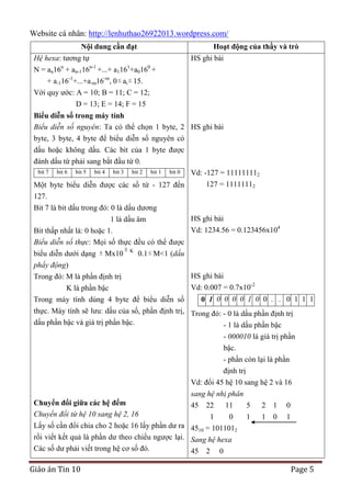Website cá nhân: http://lenhuthao26922013.wordpress.com/
Nội dung cần đạt

Hoạt động của thầy và trò

Hệ hexa: tương tự
n

HS ghi bài
n-1

1

0

N = an16 + an-116 +...+ a116 +a016 +
+ a-116-1+...+a-m16-m, 0 ai 15.
Với quy ước: A = 10; B = 11; C = 12;
D = 13; E = 14; F = 15
Biểu diễn số trong máy tính
Biểu diễn số nguyên: Ta có thể chọn 1 byte, 2 HS ghi bài
byte, 3 byte, 4 byte để biểu diễn số nguyên có
dấu hoặc không dấu. Các bit của 1 byte được
đánh dấu từ phải sang bắt đầu từ 0.
bit 7

bit 6

bit 5

bit 4

bit 3

bit 2

bit 1

bit 0

Vd: -127 = 111111112

127 = 11111112
Một byte biểu diễn được các số từ - 127 đến
127.
Bit 7 là bit dấu trong đó: 0 là dấu dương
HS ghi bài
1 là dấu âm
Vd: 1234.56 = 0.123456x104
Bit thấp nhất là: 0 hoặc 1.
Biểu diễn số thực: Mọi số thực đều có thể được
biểu diễn dưới dạng
phẩy động)

Mx10

K

0.1 M<1 (dấu

HS ghi bài
Trong đó: M là phần định trị
Vd: 0.007 = 0.7x10-2
K là phần bậc
0 1 0 0 0 0 1 0 0 . . 0 1 1 1
Trong máy tính dùng 4 byte để biểu diễn số
thực. Máy tính sẽ lưu: dấu của số, phần định trị, Trong đó: - 0 là dấu phần định trị
dấu phần bậc và giá trị phần bậc.
- 1 là dấu phần bậc
- 000010 là giá trị phần
bậc.
- phần còn lại là phần
định trị
Vd: đổi 45 hệ 10 sang hệ 2 và 16
sang hệ nhị phân
Chuyển đổi giữa các hệ đếm
45 22
11
5
Chuyển đổi từ hệ 10 sang hệ 2, 16
1
0
1
Lấy số cần đổi chia cho 2 hoặc 16 lấy phần dư ra 4510 = 1011012
rồi viết kết quả là phần dư theo chiều ngược lại. Sang hệ hexa
Các số dư phải viết trong hệ cơ số đó.
45 2 0

Giáo án Tin 10

2
1

1
0

0
1

Page 5

 