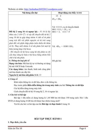Website cá nhân: http://lenhuthao26922013.wordpress.com/
Nội dung cần đạt

Hoạt động của thầy và trò
13

2

4510 = 2D16

Vd: 1111112 ta sẽ chuyển thành
0011 11112 = 3F16 vì:
Đổi hệ 2 sang 16 và ngƣợc lại: - Vì 16 là lũy 0011 = 3; 1111 = F
thừa của 2 (16=24) vì vậy để chuyển đổi từ hệ 2
sang 16 thì ta gộp từng nhóm 4 chữ số từ phải
sang trái đối với phần nguyên và từ trái sang
phải đối với phần thập phân (nếu thiếu thì thêm
số 0). Thay mỗi nhóm 4 số nhị phân bởi một ký Vd: 4D16 = 0100 11012
hiệu tương ứng ở hệ hexa.
- Để chuyển từ hệ hexa sang hệ nhị phân ta chỉ
cần thay từng ký hiệu ở hệ hexa bằng nhóm bốn
chữ ở hệ nhị phân.
b. Thông tin loại phi số
HS ghi bài
Dạng văn bản: Mã hóa ký tự và thường sử dụng
bộ mã ASCII hoặc Unicode.
Các dạng khác: âm thanh, hình ảnh cũng phải
mã hóa thành các dãy bit.
Nguyên lý mã hóa nhị phân SGK 13
4. Củng cố
Khái niệm thông tin và dữ liệu, đơn vị đo thông tin.
Đọc trước phần Biểu diễn thông tin trong máy tính của bài Thông tin và dữ liệu
Các hệ đếm dùng trong máy tính
Cách chuyển đổi từ hệ 10 sang hệ 2, 16 và ngược lại.
5. Câu hỏi và bài tập
Bài tập: 1 đĩa mềm có dung lượng là 1,44 MB lưu trữ được 150 trang sách. Hỏi 1 đĩa
DVD có dung lượng 4 GB lưu trữ được bao nhiêu trang sách?
Trả lời câu hỏi và bài tập của bài Bài tập và thực hành 1 trang 16

BÀI TẬP THỰC HÀNH 1
I. Mục đích, yêu cầu

Giáo án Tin 10

Page 6

 