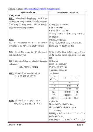 Website cá nhân: http://lenhuthao26922013.wordpress.com/
Nội dung cần đạt

Hoạt động của thầy và trò

2. Luyện tập
Bài 1: 1 đĩa mềm có dung lượng 1,44 MB lưu
trữ được 400 trang văn bản. Vậy nếu dùng một
ổ đĩa cứng có dung lượng 12GB thì lưu giữ HS suy nghĩ và làm bài.
được bao nhiêu trang văn bản?
1 GB = 1024 MB
Vậy 12 GB = 12288 MB
Số trang văn bản mà ổ đĩa cứng có thể lưu
trữ được là:
3413333.33 văn bản.
Bài 2:
Dãy bit "01001000 01101111 01100001" HS tra phụ lục SGK trang 169 và trả lời.
tương ứng là mã ASCII của dãy ký tự nào?
Tương ứng với dãy ký tự: Hoa.
Bài 3: Để mã hóa số nguyên - 27 cần dùng ít HS trả lời: Cần dùng ít nhất 1 byte vì 1 byte
nhất bao nhiêu byte?
có thể mã hóa các số nguyên từ - 127 đến
127.
Bài 4: Viết các số thực sau đây dưới dạng dấu HS làm bài
phẩy động.
11005 = 0.11005x105
11005; 25.879; 0.000984
25.879 = 0.25879x102
0.000984 = 0.984x10-3
Bài 5: Đổi các số sau sang hệ 2 và 16:
HS làm bài
Hệ

7; 15; 22; 127; 97; 123.75
Số

2

16

7

111

7

15

1111

F

22

10110

16

127

1111111

7F

97

1100001

61

1111011.11

7B.C

123.75
Bài 6: Đổi các số sau sang hệ cơ số 10
5D16; 7D716; 1111112; 101101012

Giáo án Tin 10

HS làm bài
5D16 = 5x161 + 13x160 = 9310
7D716 = 7x162 + 13x161 + 14x160
= 200710
1111112 = 1x25 + 1x24 + 1x23 + 1x22 +
1x21 + 1x20 = 6310
101101012 = 1x27 + 0x26 + 1x25 + 1x24 +

Page 8

 