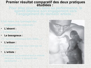 Premier résultat comparatif des deux pratiques étudiées :  Pour aller plus loin dans sa performance, le sportif déplace son engagement vers l’engagement du danseur artiste… Il fait naître une typologie des engagements corporels :   L’absent :   « Il n’était pas là… » Le besogneux :   « C ’est une mécanique bien rodée… » L’artisan : « C’est celui qui sent tout mais qui ne surprend pas… » L’artiste : « C’est celui qui surprend tout le monde dans ses choix, y compris ses partenaires … » 