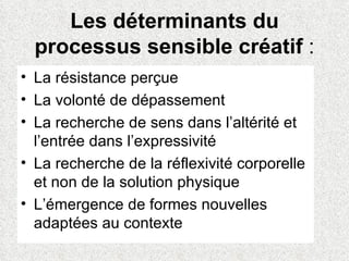 Les déterminants du processus sensible créatif  : La résistance perçue La volonté de dépassement La recherche de sens dans l’altérité et l’entrée dans l’expressivité La recherche de la réflexivité corporelle et non de la solution physique L’émergence de formes nouvelles adaptées au contexte   