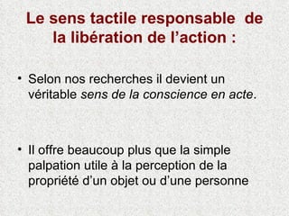 Le sens tactile responsable  de la libération de l’action : Selon nos recherches il devient un véritable  sens de la conscience en acte . Il offre beaucoup plus que la simple palpation utile à la perception de la  propriété d’un objet ou d’une personne 