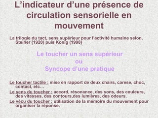 L’indicateur d’une présence de circulation sensorielle en mouvement La trilogie du tact, sens supérieur pour l’activité humaine selon, Steiner (1920) puis Konïg (1998) Le toucher un sens supérieur ou  Syncope d’une pratique Le toucher tactile :  mise en rapport de deux chairs, carese, choc, contact, etc…  Le sens du toucher :  accord, résonance, des sons, des couleurs, des vitesses, des contours,des lumières, des odeurs. Le vécu du toucher :  utilisation de la mémoire du mouvement pour organiser la réponse.  