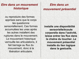 Etre dans un mouvement historique ou reproduire des formes apprises sans que le corps les questionne sensoriellement. Ces formes accumulées les unes après les autres installent des ruptures dans le mouvement. Le mouvement historique verrouille les articulations, il fait barrage au flux du mouvement, donc à la libération articulaire. Etre dans un  mouvement présentiel installe une disponibilité sensorielle/écoute corporelle dans l’activité, laisse entrer les flux dans la chaîne du toucher. Le mouvement présentiel installe du lien logique dans la gestuelle. 