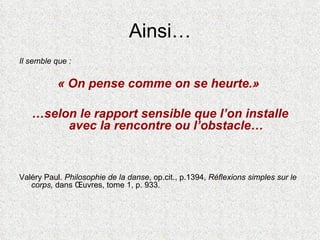 Ainsi… Il semble que :  « On pense comme on se heurte.»  … selon le rapport sensible que l’on installe avec la rencontre ou l’obstacle… Valéry Paul.  Philosophie de la danse , op.cit., p.1394,  Réflexions simples sur le corps,  dans Œuvres, tome 1, p. 933. 