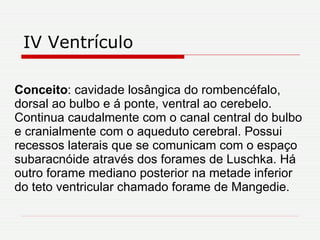IV Ventrículo Conceito : cavidade losângica do rombencéfalo, dorsal ao bulbo e á ponte, ventral ao cerebelo. Continua caudalmente com o canal central do bulbo e cranialmente com o aqueduto cerebral. Possui recessos laterais que se comunicam com o espaço subaracnóide através dos forames de Luschka. Há outro forame mediano posterior na metade inferior do teto ventricular chamado forame de Mangedie. 