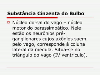 Substância Cinzenta do Bulbo Núcleo dorsal do vago – núcleo motor do parassimpático. Nele estão os neurônios pré-ganglionares cujos axônios saem pelo vago, corresponde à coluna lateral da medula. Situa-se no triângulo do vago (IV ventrículo). 