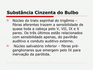 Substância Cinzenta do Bulbo Núcleo do trato espinhal do trigêmio – fibras aferentes trazem a sensibilidade de quase toda a cabeça pelo V, VII, IX e X pares. Os três últimos estão relacionados com sensibilidade apenas, do pavilhão auditivo e conduto auditivo externo. Núcleo salivatório inferior – fibras pré-ganglionares que emergem pelo IX para inervação da parótida. 