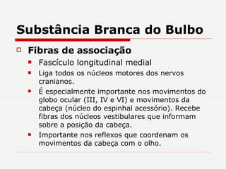 Substância Branca do Bulbo Fibras de associação Fascículo longitudinal medial Liga todos os núcleos motores dos nervos cranianos. É especialmente importante nos movimentos do globo ocular (III, IV e VI) e movimentos da cabeça (núcleo do espinhal acessório). Recebe fibras dos núcleos vestibulares que informam sobre a posição da cabeça. Importante nos reflexos que coordenam os movimentos da cabeça com o olho. 
