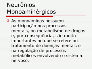 Neurônios Monoaminérgicos As monoaminas possuem participação nos processos mentais, no metabolismo de drogas e, por consequência, são muito importantes no que se refere ao tratamento de doenças mentais e na regulação de processos metabólicos envolvendo o sistema nervoso.     
