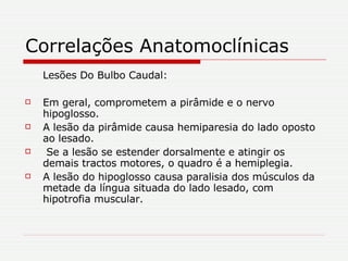 Correlações Anatomoclínicas Lesões Do Bulbo Caudal: Em geral, comprometem a pirâmide e o nervo hipoglosso.  A lesão da pirâmide causa hemiparesia do lado oposto ao lesado. Se a lesão se estender dorsalmente e atingir os demais tractos motores, o quadro é a hemiplegia.  A lesão do hipoglosso causa paralisia dos músculos da metade da língua situada do lado lesado, com hipotrofia muscular.  