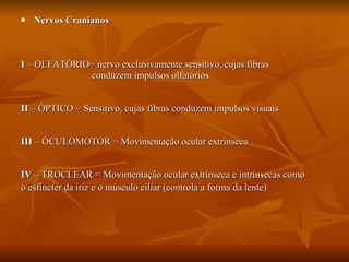 Nervos Cranianos I  – OLFATÓRIO= nervo exclusivamente sensitivo, cujas fibras  conduzem impulsos olfatórios  II  – ÓPTICO = Sensitivo, cujas fibras conduzem impulsos visuais III  – ÓCULOMOTOR = Movimentação ocular extrínseca IV  – TROCLEAR = Movimentação ocular extrínseca e intrínsecas como  o esfíncter da íriz e o músculo ciliar (controla a forma da lente)   