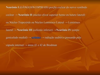 Neurônio I  (GÂNGLIOS ESPIRAIS) porção coclear do nervo vestíbulo coclear  ->  Neurônio II  (núcleo olivar superior homo ou hetero lateral)  ou Núcleo Trapezóide ou Núcleo Leminisco Lateral -> Leminisco  lateral ->  Neurônio III  (colículo inferior) -> Neurônio IV  (corpo  geniculado medial) ->  axônios  ->   radiação auditiva (passando pela  cápsula interna) -> áreas 41 e 42 de Brodman 