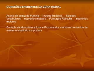 CONEXÕES EFERENTES DA ZONA MEDIAL Axônio da célula de Purkinje -> núcleo fastigiais -> Núcleos Vestibulares ->neurônios motores-> Formação Reticular -> neurônios motores Controle da Musculatura Axial e Proximal dos membros no sentido de  manter o equilíbrio e a postura 