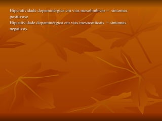 Hiperatividade dopaminérgica em vias mesolímbicas =  sintomas  positivose Hipoatividade dopaminérgica em vias mesocorticais  = sintomas  negativos 