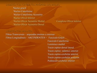 SUBSTÂNCIA CINZENTA PRÓPRIA DO BULBO Núcleo grácil Núcleo Cuneiforme Núcleo Cuneiforme Acessório Núcleo Olivar Inferior Núcleo Olivar Acessório Medial  Complexo Olivar Inferior Núcleo Olivar Acessório Dorsal SUBSTÂNCIA BRANCA Fibras Transversais – arqueadas internas e externas Fibras Longitudinais – ASCENDENTES =  Fascículo Grácil Fascículo Cuneiforme Leminisco medial Tracto espino-dorsal lateral  Tracto espino- talâmico anterior  Tracto espino-cerebelar anterior Tracto espino-cerebelar posterior  Pedúnculo cerebelar inferior 