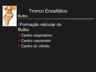 Tronco Encefálico
Bulbo
Formação reticular do
Bulbo
 Centro respiratório
 Centro vasomotor
 Centro do vômito
 