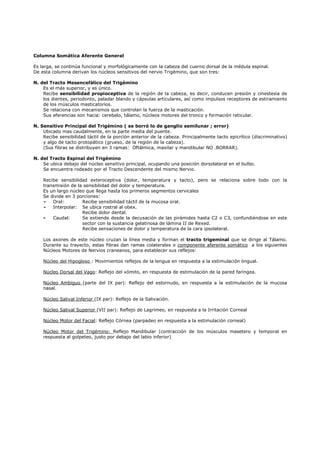 Columna Somática Aferente General

Es larga, se continúa funcional y morfológicamente con la cabeza del cuerno dorsal de la médula espinal.
De esta columna derivan los núcleos sensitivos del nervio Trigémino, que son tres:

N. del Tracto Mesencefálico del Trigémino
    Es el más superior, y es único.
    Recibe sensibilidad propioceptiva de la región de la cabeza, es decir, conducen presión y cinestesia de
    los dientes, periodonto, paladar blando y cápsulas articulares, así como impulsos receptores de estiramiento
    de los músculos masticatorios.
    Se relaciona con mecanismos que controlan la fuerza de la masticación.
    Sus eferencias son hacia: cerebelo, tálamo, núcleos motores del tronco y formación reticular.

N. Sensitivo Principal del Trigémino ( se borró lo de ganglio semilunar ; error)
    Ubicado mas caudalmente, en la parte media del puente.
    Recibe sensibilidad táctil de la porción anterior de la cabeza. Principalmente tacto epicrítico (discriminativo)
    y algo de tacto protopático (grueso, de la región de la cabeza).
    (Sus fibras se distribuyen en 3 ramas: Oftálmica, maxilar y mandibular NO .BORRAR).

N. del Tracto Espinal del Trigémino
    Se ubica debajo del núcleo sensitivo principal, ocupando una posición dorsolateral en el bulbo.
    Se encuentra rodeado por el Tracto Descendente del mismo Nervio.

    Recibe sensibilidad exteroceptiva (dolor, temperatura y tacto), pero se relaciona sobre todo con la
    transmisión de la sensibilidad del dolor y temperatura.
    Es un largo núcleo que llega hasta los primeros segmentos cervicales
    Se divide en 3 porciones:
    -   Oral:        Recibe sensibilidad táctil de la mucosa oral.
    -   Interpolar: Se ubica rostral al obex.
                     Recibe dolor dental.
    -   Caudal:      Se extiende desde la decusación de las pirámides hasta C2 o C3, confundiéndose en este
                     sector con la sustancia gelatinosa de lámina II de Rexed.
                     Recibe sensaciones de dolor y temperatura de la cara ipsolateral.

    Los axones de este núcleo cruzan la línea media y forman el tracto trigeminal que se dirige al Tálamo.
    Durante su trayecto, estas fibras dan ramas colaterales o componente aferente somático a los siguientes
    Núcleos Motores de Nervios craneanos, para establecer sus reflejos:

    Núcleo del Hipogloso : Movimientos reflejos de la lengua en respuesta a la estimulación lingual.

    Núcleo Dorsal del Vago: Reflejo del vómito, en respuesta de estimulación de la pared faríngea.

    Núcleo Ambiguo (parte del IX par): Reflejo del estornudo, en respuesta a la estimulación de la mucosa
    nasal.

    Núcleo Salival Inferior (IX par): Reflejo de la Salivación.

    Núcleo Salival Superior (VII par): Reflejo de Lagrimeo, en respuesta a la Irritación Corneal

    Núcleo Motor del Facial: Reflejo Córnea (parpadeo en respuesta a la estimulación corneal)

    Núcleo Motor del Trigémino: Reflejo Mandibular (contracción de los músculos masetero y temporal en
    respuesta al golpeteo, justo por debajo del labio inferior)
 
