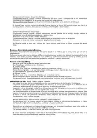 Componente aferente del Nervio Glosofaríngeo:
    Componente Visceral General: conduce sensibilidad del tacto, dolor y temperatura de las membranas
    mucosas del tercio posterior de la lengua, las tonsilas y la tuba auditiva.
    Componente Visceral Especial: conduce la sensibilidad del gusto del tercio posterior de la lengua.

    El Glosofaríngeo también contiene una rama aferente especial, el Nervio del Seno Carotídeo, que inerva el
    cuerpo y el seno carotídeo, los cuales son centros quimiorreceptor y baroreceptor.


    Componente aferente del Nervio Vago:
    Componente Visceral General: conduce sensibilidad visceral general de la faringe, laringe, tráquea y
    esófago, así como de las vísceras torácicas y abdominales.
    Se localiza en la parte caudal y medial del núcleo.
    Componente Visceral Especial: conduce la sensibilidad del gusto de la región de la epiglotis
    Se localiza en la porción rostral y lateral, del ganglio inferior del vago.

    En la parte caudal se unen los 2 núcleos del Tracto Solitario para formar el núcleo comisural del Nervio
    Vago.


COLUMNA SOMÁTICA AFERENTE ESPECIAL
Se continúa funcionalmente con el cuello del cuerno dorsal en la médula, por lo tanto, tiene que ver con la
propiocepción.
Pertenecen a esta columna, los Núcleos del Nervio Vestibulococlear, es decir, los Núcleos Vestibulares (inferior y
medial a nivel bulbar, superior y lateral a nivel pontino) y los Núcleos Cocleares (dorsal y ventral), que se
encuentran en relación con los pedúnculos cerebelares inferiores o cuerpos restiformes.

Núcleos Cocleares (VIIIc):
   Recibe la rama más gruesa del Nervio Vestibulococlear.
   Sus fibras llegan selectivamente a 2 núcleos:
   N. Coclear Dorsal
   Se sitúan en la superficie dorsolateral del pedúnculo cerebeloso inferior.
   Recibe fibras originadas en la espira basal de la cóclea, que median el sonido de alta frecuencia
   Sus axones forman la estrías acústicas dorsal.
   N. Coclear Ventral
   Se sitúan en la parte ventrolateral del pedúnculo cerebeloso inferior.
   Recibe fibras de la espira apical de la cóclea, que median el sonido de baja frecuencia
   Sus axones forman el cuerpo trapezoide o estrías acústicas ventrales (es la estría de mayor tamaño)

Vestibulares (VIIIv): Medial, Lateral, Superior e Inferior
   Las células de origen del Nervio Vestibular son las neuronas bipolares de los Ganglios Vestibulares.
   La porción superior del ganglio recibe fibras del utrículo y el sáculo (se encargan de la detección de un
   cambio en la velocidad sin un cambio en la dirección; el efecto gravitacional).
   La porción inferior del ganglio recibe fibras del canal semicircular (detectan un incremento simultáneo entre
   la velocidad y dirección cuando uno rota o gira) y del sáculo.
   Las fibras vestibulares se dirigen desde el ganglio vestibular a los núcleos vestibulares en su mayoría. Sólo
   algunas fibras se proyectan directamente al cerebelo (vestibulocerebelosa). Las fibras que viajan al cerebelo
   lo hacen a través del pedúnculo cerebeloso medio, llegando de manera ipsolateral sobre el lóbulo
   floculonodular, úvula y núcleo fastigial.

    Reciben aferencias de: médula espinal, cerebelo y corteza vestibular.
    Sus eferencias son a la: médula espinal, cerebelo, tálamo, núcleos de los músculos extraoculares (a través
    del fascículo longitudinal medial), corteza vestibular y receptor vestibular.

    Estos núcleos se relacionan con la posición de la cabeza y con el equilibrio vestibular, pues están unidos al
    oído interno a través de la raíz vestibular del 8° par craneal.
    Los núcleos medial y caudal son bulbares, los otros dos son pontinos.

    El nervio vestibular acompaña al coclear desde el meato auditivo interno hasta el puente, donde entra en la
    cara lateral en la unión bulbopontina, medial al nervio coclear.
 