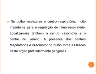  No bulbo localiza-se o centro respiratório, muito
importante para a regulação do ritmo respiratório.
Localizam-se também o centro vasomotor e o
centro do vômito. A presença dos centros
respiratórios e vasomotor no bulbo torna as lesões
neste órgão particularmente perigosas.
 