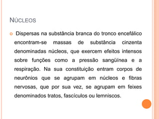 NÚCLEOS
 Dispersas na substância branca do tronco encefálico
encontram-se massas de substância cinzenta
denominadas núcleos, que exercem efeitos intensos
sobre funções como a pressão sangüínea e a
respiração. Na sua constituição entram corpos de
neurônios que se agrupam em núcleos e fibras
nervosas, que por sua vez, se agrupam em feixes
denominados tratos, fascículos ou lemniscos.
 