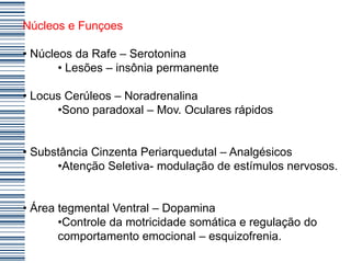 Núcleos e Funçoes

• Núcleos da Rafe – Serotonina
       • Lesões – insônia permanente

• Locus Cerúleos – Noradrenalina
      •Sono paradoxal – Mov. Oculares rápidos


• Substância Cinzenta Periarquedutal – Analgésicos
      •Atenção Seletiva- modulação de estímulos nervosos.


• Área tegmental Ventral – Dopamina
       •Controle da motricidade somática e regulação do
       comportamento emocional – esquizofrenia.
 