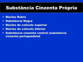 Substância Cinzenta Própria
• Núcleo Rubro
• Substância Negra
• Núcleo do colículo superior
• Núcleo do colículo inferior
• Substância cinzenta central (substância
cinzenta periaquedutal
 
