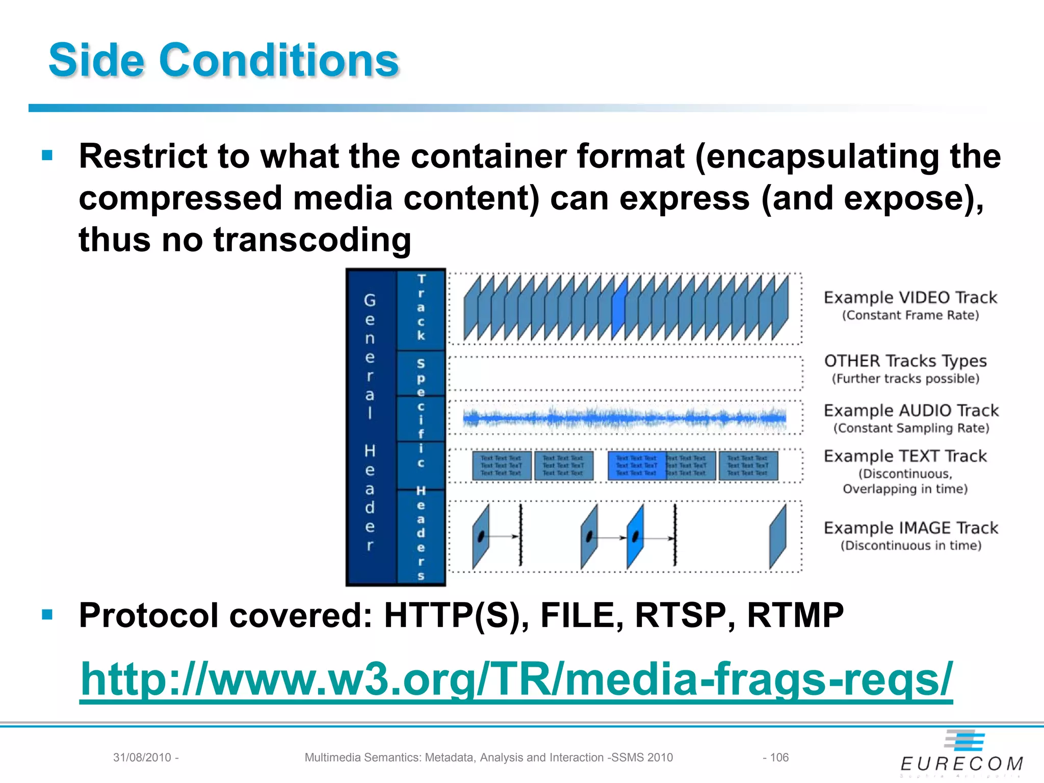 Side Conditions
 Restrict to what the container format (encapsulating the
  compressed media content) can express (and expose),
  thus no transcoding




 Protocol covered: HTTP(S), FILE, RTSP, RTMP
  http://www.w3.org/TR/media-frags-reqs/
    31/08/2010 -   Multimedia Semantics: Metadata, Analysis and Interaction -SSMS 2010   - 106
 