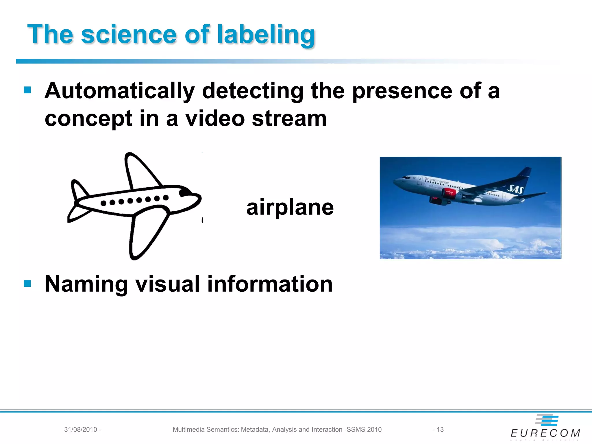 The science of labeling

 Automatically detecting the presence of a
  concept in a video stream


                                         airplane


 Naming visual information




   31/08/2010 -   Multimedia Semantics: Metadata, Analysis and Interaction -SSMS 2010   - 13
 