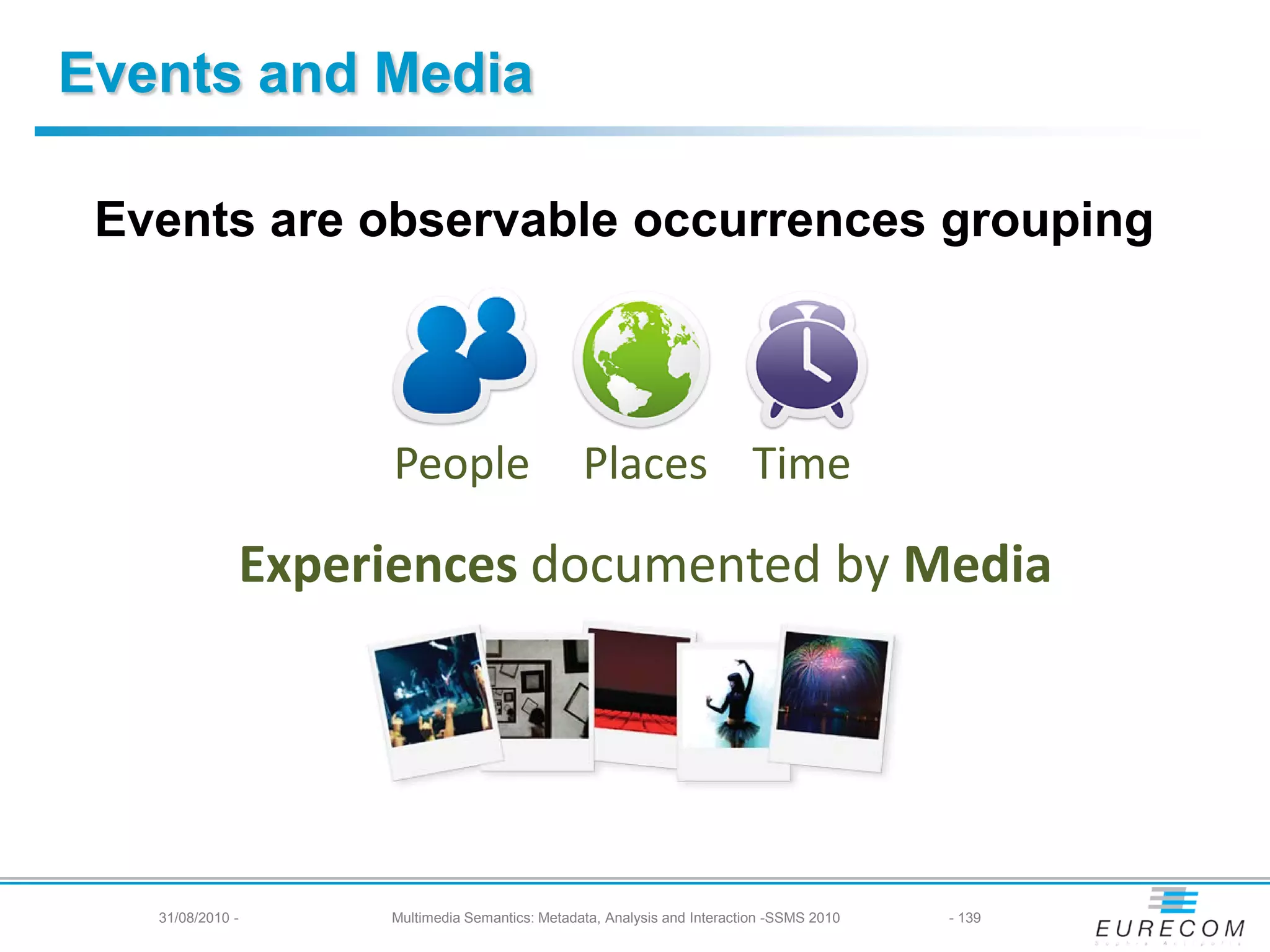 Events and Media

 Events are observable occurrences grouping



                    People                      Places Time

               Experiences documented by Media




  31/08/2010 - -
     31/08/2010     Multimedia Semantics: Metadata, Analysis and Interaction -SSMS 2010
                                                139                                       - 139
 