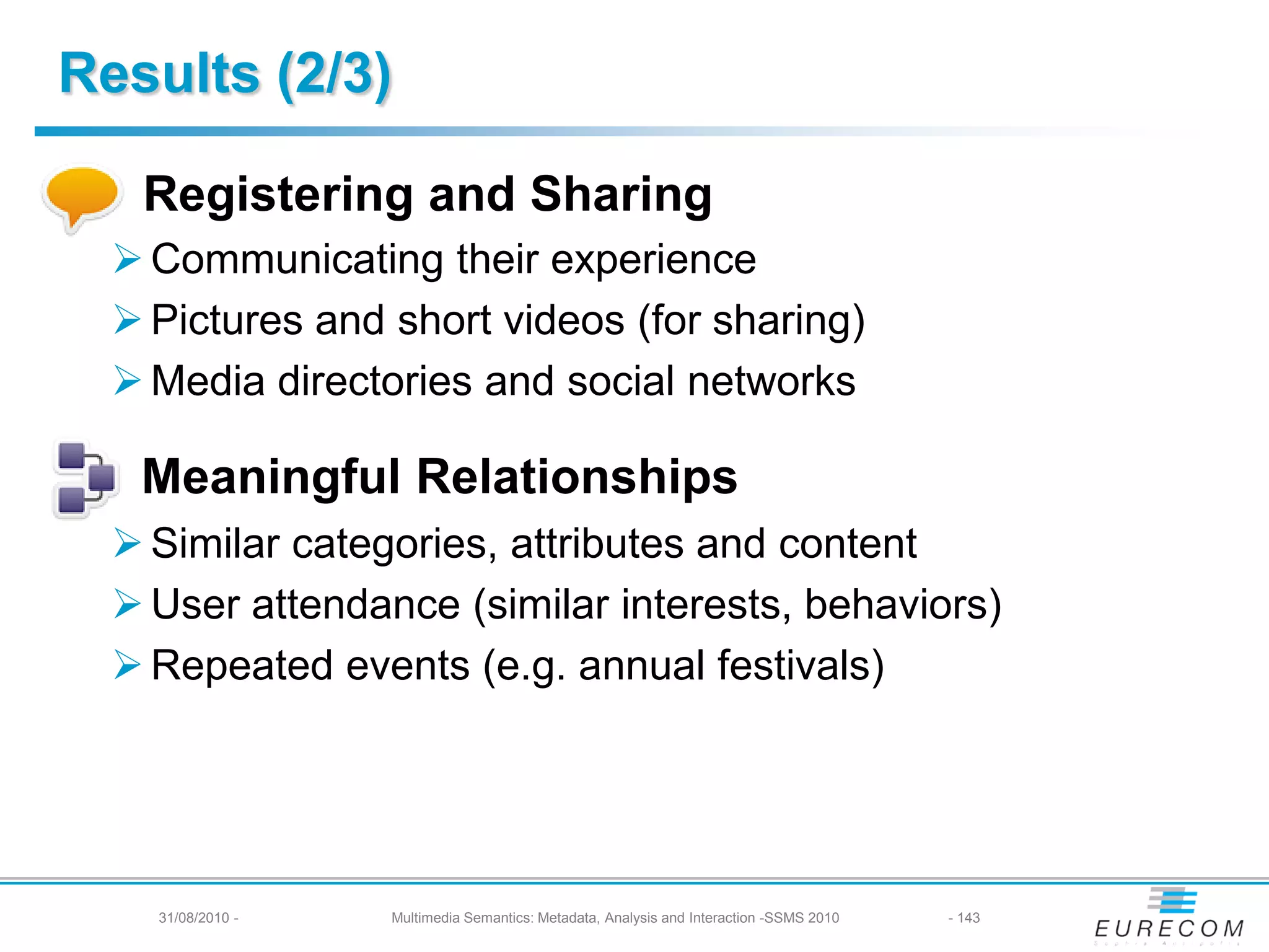Results (2/3)

   Registering and Sharing
   Communicating their experience
   Pictures and short videos (for sharing)
   Media directories and social networks

   Meaningful Relationships
   Similar categories, attributes and content
   User attendance (similar interests, behaviors)
   Repeated events (e.g. annual festivals)




   31/08/2010 - -
      31/08/2010    Multimedia Semantics: Metadata, Analysis andand Interaction -SSMS 2010
                       Multimedia Semantics: Metadata, Analysis Interaction -SSMS 2010       143- 143
 