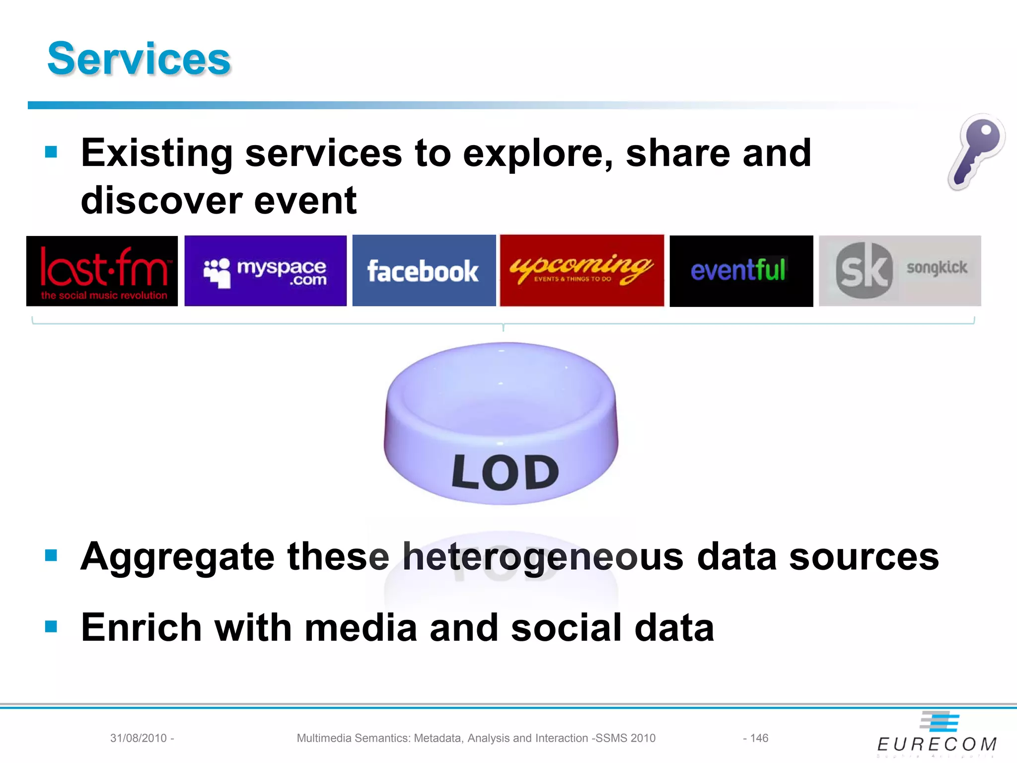 Services

 Existing services to explore, share and
  discover event




 Aggregate these heterogeneous data sources
 Enrich with media and social data

   31/08/2010 -   Multimedia Semantics: Metadata, Analysis and Interaction -SSMS 2010   - 146
 
