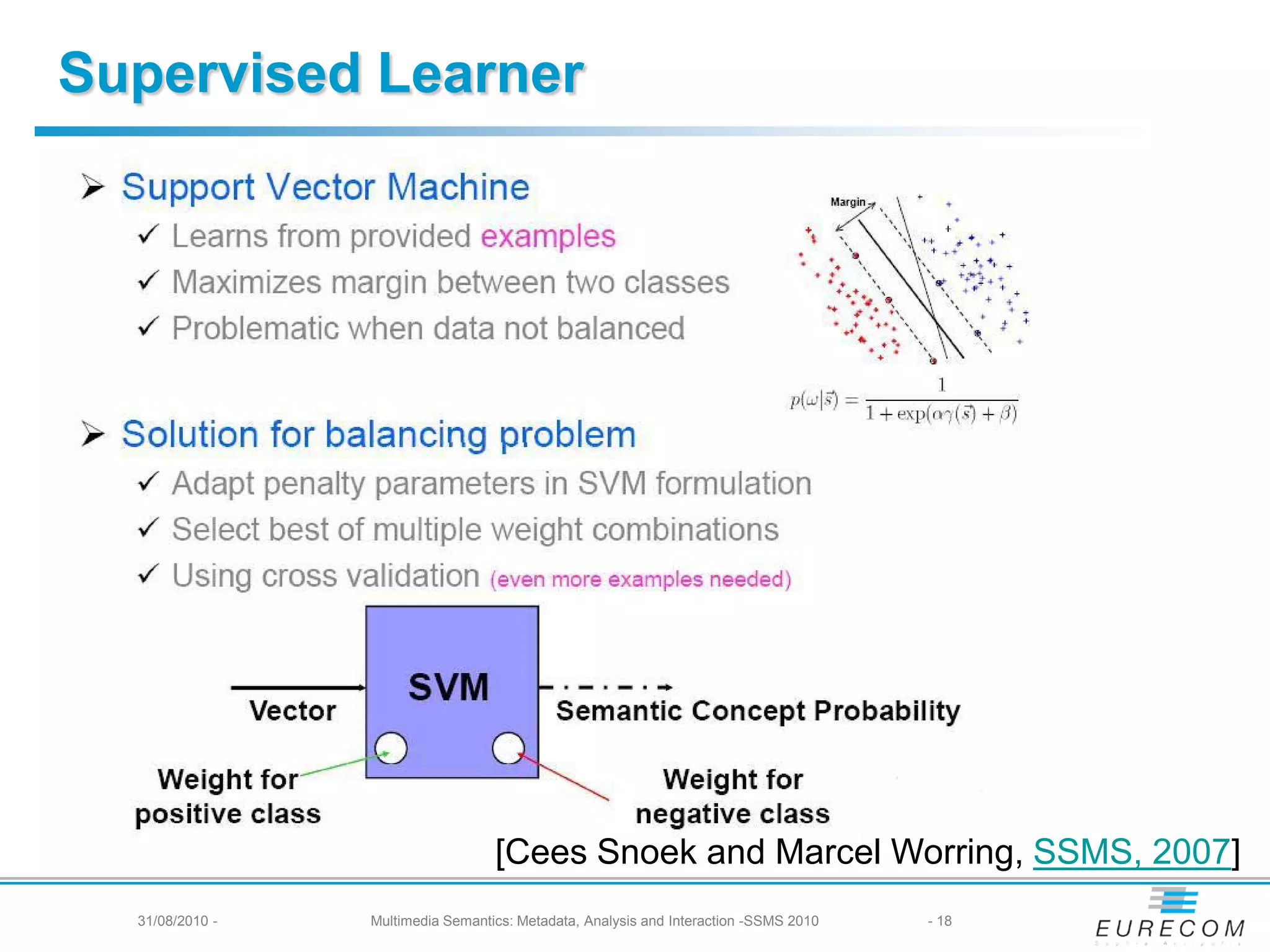 Supervised Learner




                                   [Cees Snoek and Marcel Worring, SSMS, 2007]
  31/08/2010 -   Multimedia Semantics: Metadata, Analysis and Interaction -SSMS 2010   - 18
 