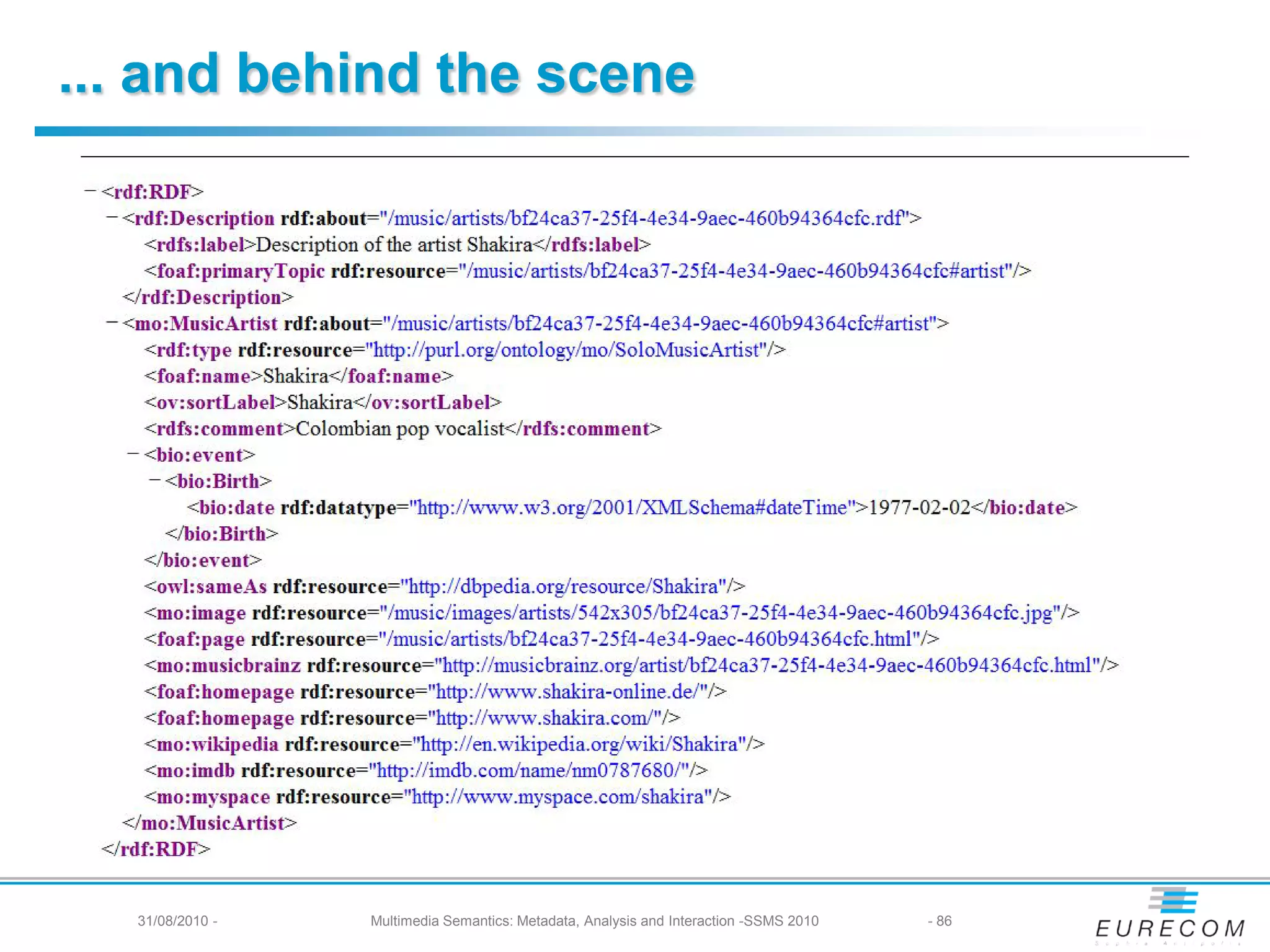 ... and behind the scene




   31/08/2010 -   Multimedia Semantics: Metadata, Analysis and Interaction -SSMS 2010   - 86
 