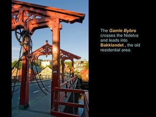 The  Gamle Bybro  crosses the Nidelva  and leads into  Bakklandet  ,   the old residential area. 