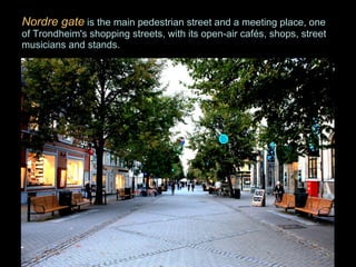 Nordre gate  is the main pedestrian street and a meeting place, one of Trondheim's shopping streets, with its open-air cafés, shops, street musicians and stands.  