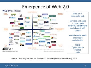 Emergence of Web 2.0 Source: Launching the Web 2.0 Framework, Future Exploration Network Blog, 2007 Web 2.0 =  read-write web services and apps  to  co-create content, collaborate  and  share  it with others social media tools encourage socialisation FREE Open Source Hosted tools 