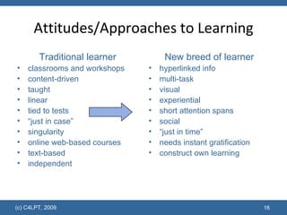 Attitudes/Approaches to Learning Traditional learner classrooms and workshops content-driven taught linear tied to tests “ just in case” singularity online web-based courses text-based independent New breed of learner hyperlinked info multi-task visual  experiential short attention spans social “ just in time” needs instant gratification construct own learning 