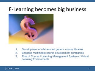E-Learning becomes big business Development of off-the-shelf generic course libraries Bespoke multimedia course development companies Rise of Course / Learning Management Systems / Virtual Learning Environments 