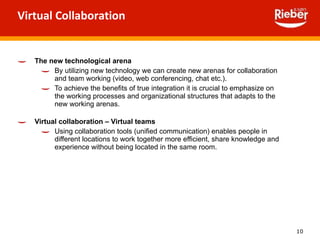 Virtual Collaboration The new technological arena By utilizing new technology we can create new arenas for collaboration and team working (video, web conferencing, chat etc.).  To achieve the benefits of true integration it is crucial to emphasize on the working processes and organizational structures that adapts to the new working arenas.  Virtual collaboration – Virtual teams Using collaboration tools (unified communication) enables people in different locations to work together more efficient, share knowledge and experience without being located in the same room. 