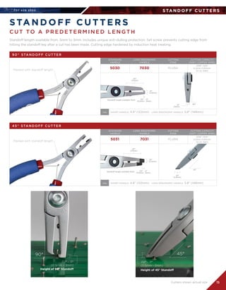 707 4 2 6 2 5 5 0
15
.12
(3mm)
90°
.14
(3.5mm)
.67
(17mm)
STA N D O F F C U T T E R S
STA N D O F F C U T T E R S
Standoff length available from .5mm to 3mm. Includes unique anti-dulling protection. Set screw prevents cutting edge from
hitting the standoff leg after a cut has been made. Cutting edge hardened by induction heat treating.
C U T TO A P R E D E T E R M I N E D L E N GT H
5030
5031
7030
7031
FLUSH
FLUSH
.008-.025	
0.2mm-0.64mm	
32-22 AWG
.008-.025	
0.2mm-0.64mm	
32-22 AWG
9 0 ° STA N D O F F C U T T E R
4 5 ° STA N D O F F C U T T E R
Marked with standoff length
Marked with standoff length
Standoff length available from:
.23
(5.8mm)
.14
(3.5mm)
.67
(17mm)
.02 - .11
(0.5mm - 3mm)
45°
Standoff length available from: .02 - .11
(0.5mm - 3mm)
SHORT HANDLE: 4.8 (122mm)   LONG ERGONOMIC HANDLE: 5.8 (148mm)OAL
SHORT HANDLE: 4.8 (122mm)   LONG ERGONOMIC HANDLE: 5.8 (148mm)OAL
STANDARD	
HANDLE
STANDARD	
HANDLE
LONG ERGONOMIC	
HANDLE
LONG ERGONOMIC	
HANDLE
CUTTING	
EDGE
CUTTING	
EDGE
CUTTING CAPACITY	
(SOFT COPPER WIRE)
CUTTING CAPACITY	
(SOFT COPPER WIRE)
.02 - .11
(0.5mm - 3mm)
90° 45°
.02 - .11
(0.5mm - 3mm)
Height of 90° Standoff Height of 45° Standoff
Cutters shown actual size
 