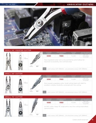 707 4 2 6 2 5 5 0
19
O P T I O N A L H E A D E R T E X T
A N G U L AT E D C U T T E R S
S M A L L 5 0 ° P O I N T E D C U T T E R
STANDARD	
HANDLE
LONG ERGONOMIC	
HANDLE
CUTTING	
EDGE
CUTTING CAPACITY	
(SOFT COPPER WIRE)
5080 7080 FLUSH
008-.030	
0.1mm-0.8mm	
32-20 AWG
New angulated cutter with a very pointed tip which allows for
maximum accessibility into confined areas.
.22
(5.6mm)
.73
(18.5mm)
.22
(5.6mm) 50°
SHORT HANDLE: 4.9 (124mm)   LONG ERGONOMIC HANDLE: 5.9 (149mm)OAL
S M A L L 5 0 ° C U T T E R
STANDARD	
HANDLE
LONG ERGONOMIC	
HANDLE
CUTTING	
EDGE
CUTTING CAPACITY	
(SOFT COPPER WIRE)
5082 7082 FLUSH
.008-.030	
0.1mm-0.8mm	
32-20 AWG
Most popular angulated cutter. Small cutting head with relief for
excellent visibility. Durability combined with fine cutting.
.22
(5.6mm)
.73
(18.6mm)
.22
(5.6mm) 50°
SHORT HANDLE: 4.9 (124mm)   LONG ERGONOMIC HANDLE: 5.9 (149mm)OAL
S M A L L 70 ° C U T T E R
STANDARD	
HANDLE
LONG ERGONOMIC	
HANDLE
CUTTING	
EDGE
CUTTING CAPACITY	
(SOFT COPPER WIRE)
5083 7083 FLUSH
.008-.025	
0.2mm-0.65mm	
32-22 AWG
An SMT cutter. Steep 70° angle with a very fine cutting head allows
special access.
.16
(4mm)
.72
(18.3mm)
.17
(4.4mm) 70°
SHORT HANDLE: 4.9 (124mm)   LONG ERGONOMIC HANDLE: 5.9 (149mm)OAL
Cutters shown actual size
 
