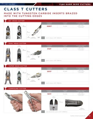707 4 2 6 2 5 5 0
23
C L ASS T C U T T E R S
F I N E H A R D W I R E C U T T E R S
.32
(8.1mm)
.26
(6.6mm)
5 0 ° H E A D C U T T E R
STANDARD	
HANDLE
CUTTING	
EDGE
CUTTING CAPACITY	
(STEEL WIRE)
5085T FLUSH
SHORT HANDLE: 4.9 (123mm)
.005-.020	
0.13mm-0.51mm	
32-24 AWG
OAL
.13
(3.2mm)
.04
(1.0mm) Tungsten
Carbide Inserts
T
50°
Tungsten
Carbide Inserts
.4
(10.2mm)
.40
(10.2mm)
TA P E R H E A D C U T T E R
STANDARD	
HANDLE
CUTTING	
EDGE
CUTTING CAPACITY	
(STEEL WIRE)
5212T FLUSH
SHORT HANDLE: 4.6 (118mm)
.008-.020	
0.2mm-0.51mm	
32-24 AWG
OAL
.19
(4.8mm)
.04
(1.0mm)
T
16°
Tungsten
Carbide Inserts
.4
(10.2mm)
.39
(9.9mm)
OVA L H E A D C U T T E R
STANDARD	
HANDLE
CUTTING	
EDGE
CUTTING CAPACITY	
(STEEL WIRE)
5112T FLUSH
SHORT HANDLE: 4.6 (118mm)
.008-.025	
0.2mm-0.65mm	
32-22 AWG
OAL
.23
(5.8mm)
.04
(1.0mm)
T
16°
M A D E W I T H T U N G ST E N C A R B I D E I N S E R TS B R A Z E D
I N TO T H E C U T T I N G E D G E S
.7
(17.8mm)
.5
(12.7mm)
CO M P O U N D C U T T E R
STANDARD	
HANDLE
CUTTING	
EDGE
CUTTING CAPACITY	
(STEEL WIRE)
7011T FLUSH
.012-.032	
0.32mm-0.81mm	
28-20 AWG
LONG ERGONOMIC HANDLE: 6.3 (159mm)OAL
T
Cutters shown actual size
Tungsten
Carbide Inserts
 