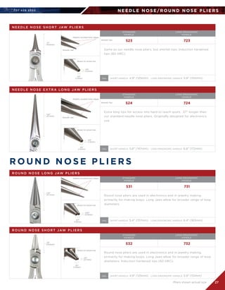 707 4 2 6 2 5 5 0
27
R O U N D N O S E P L I E R S
N E E D L E N O S E / R O U N D N O S E P L I E R S
Smooth Tips
Smooth Tips
N E E D L E N O S E S H O R T JAW P L I E R S
STANDARD	
HANDLE
LONG ERGONOMIC
HANDLE
523 723
Same as our needle nose pliers, but shorter tips. Induction hardened
tips (60 HRC).
SHORT HANDLE: 4.9 (125mm)   LONG ERGONOMIC HANDLE: 5.9 (150mm)OAL
.77
(19.6mm)
Smooth Jaw
Shown 2x actual size
Shown 2x actual size
Shown 2x actual size
Shown 2x actual size
Slightly rounded inner edges
N E E D L E N O S E E X T R A LO N G JAW P L I E R S
STANDARD	
HANDLE
LONG ERGONOMIC
HANDLE
524 724
Extra long tips for access into hard to reach spots. .37” longer than
our standard needle nose pliers. Originally designed for electronics
use.
SHORT HANDLE: 5.8 (147mm)   LONG ERGONOMIC HANDLE: 6.8 (172mm)OAL
1.62
(41.1mm)
Smooth Jaw
Slightly rounded inner edges
.05
(1.2mm)
.05
(1.2mm)
.04
(1.0mm)
.04
(1.0mm)
R O U N D N O S E LO N G JAW P L I E R S
STANDARD	
HANDLE
LONG ERGONOMIC
HANDLE
531 731
Round nose pliers are used in electronics and in jewelry making,
primarily for making loops. Long Jaws allow for broader range of loop
diameters.
SHORT HANDLE: 5.4 (137mm)   LONG ERGONOMIC HANDLE: 6.4 (163mm)OAL
1.25
(31.7mm)
Slightly rounded inner edges
.07
(1.8mm)
.035
(0.9mm)
R O U N D N O S E S H O R T JAW P L I E R S
STANDARD	
HANDLE
LONG ERGONOMIC
HANDLE
532 732
Round nose pliers are used in electronics and in jewelry making,
primarily for making loops. Long Jaws allow for broader range of loop
diameters. Induction hardened tips (60 HRC).
SHORT HANDLE: 4.9 (125mm)   LONG ERGONOMIC HANDLE: 5.9 (151mm)OAL
.78
(19.8mm)
.06
(1.5mm)
.03
(0.7mm)
Pliers shown actual size
 