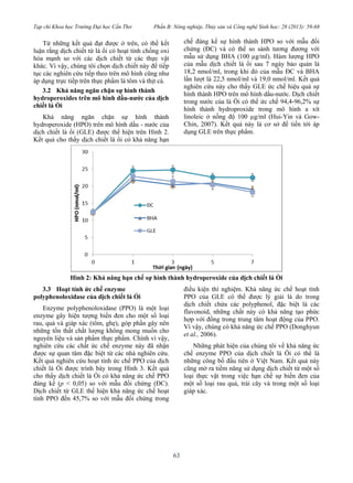 Tạp chí Khoa học Trường Đại học Cần Thơ Phần B: Nông nghiệp, Thủy sản và Công nghệ Sinh học: 28 (2013): 59-68
63
Từ những kết quả đạt được ở trên, có thể kết
luận rằng dịch chiết từ lá ổi có hoạt tính chống oxi
hóa mạnh so với các dịch chiết từ các thực vật
khác. Vì vậy, chúng tôi chọn dịch chiết này để tiếp
tục các nghiên cứu tiếp theo trên mô hình cũng như
áp dụng trực tiếp trên thực phẩm là tôm và thịt cá.
3.2 Khả năng ngăn chặn sự hình thành
hydroperoxides trên mô hình dầu-nước của dịch
chiết lá Ổi
Khả năng ngăn chặn sự hình thành
hydroperoxide (HPO) trên mô hình dầu - nước của
dịch chiết lá ổi (GLE) được thể hiện trên Hình 2.
Kết quả cho thấy dịch chiết lá ổi có khả năng hạn
chế đáng kể sự hình thành HPO so với mẫu đối
chứng (ĐC) và có thể so sánh tương đương với
mẫu sử dụng BHA (100 µg/ml). Hàm lượng HPO
của mẫu dịch chiết lá ổi sau 7 ngày bảo quản là
18,2 nmol/ml, trong khi đó của mẫu ĐC và BHA
lần lượt là 22,5 nmol/ml và 19,0 nmol/ml. Kết quả
nghiên cứu này cho thấy GLE ức chế hiệu quả sự
hình thành HPO trên mô hình dầu-nước. Dịch chiết
trong nước của lá Ổi có thể ức chế 94,4-96,2% sự
hình thành hydroproxide trong mô hình a xít
linoleic ở nồng độ 100 µg/ml (Hui-Yin và Gow-
Chin, 2007). Kết quả này là cơ sở để tiến tới áp
dụng GLE trên thực phẩm.
Hình 2: Khả năng hạn chế sự hình thành hydroperoxide của dịch chiết lá Ổi
3.3 Hoạt tính ức chế enzyme
polyphenoloxidase của dịch chiết lá Ổi
Enzyme polyphenoloxidase (PPO) là một loại
enzyme gây hiện tượng biến đen cho một số loại
rau, quả và giáp xác (tôm, ghẹ), góp phần gây nên
những tổn thất chất lượng không mong muốn cho
nguyên liệu và sản phẩm thực phẩm. Chính vì vậy,
nghiên cứu các chất ức chế enzyme này đã nhận
được sự quan tâm đặc biệt từ các nhà nghiên cứu.
Kết quả nghiên cứu hoạt tính ức chế PPO của dịch
chiết lá Ổi được trình bày trong Hình 3. Kết quả
cho thấy dịch chiết lá Ổi có khả năng ức chế PPO
đáng kể (p < 0,05) so với mẫu đối chứng (ĐC).
Dịch chiết từ GLE thể hiện khả năng ức chế hoạt
tính PPO đến 45,7% so với mẫu đối chứng trong
điều kiện thí nghiệm. Khả năng ức chế hoạt tính
PPO của GLE có thể được lý giải là do trong
dịch chiết chứa các polyphenol, đặc biệt là các
flavonoid, những chất này có khả năng tạo phức
hợp với đồng trong trung tâm hoạt động của PPO.
Vì vậy, chúng có khả năng ức chế PPO (Donghyun
et al., 2006).
Những phát hiện của chúng tôi về khả năng ức
chế enzyme PPO của dịch chiết lá Ổi có thể là
những công bố đầu tiên ở Việt Nam. Kết quả này
cũng mở ra tiềm năng sử dụng dịch chiết từ một số
loại thực vật trong việc hạn chế sự biến đen của
một số loại rau quả, trái cây và trong một số loại
giáp xác.
 