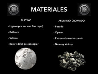 MATERIALES
PLATINO
- Ligero (por ser una ﬁna capa)
- Brillante
- Valioso
- Raro y difícl de conseguir
ALUMINIO CROMADO
- Pesado
- Opaco
- Extremadamente común
- No muy Valioso
 